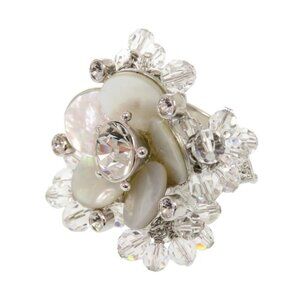 Christian Dior Vintage Flower Motif Metal Crystal Size 11 Silver Ring 1388